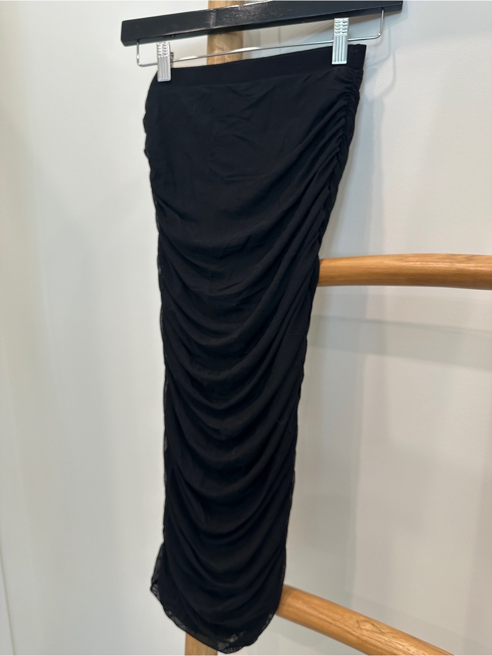 by the way. Sheer Black Ruched Midi Skirt with attached briefs
